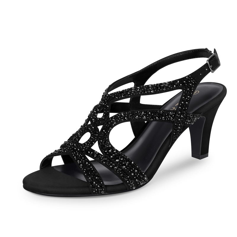PIZZ ANNU Women's Amelia Heels Sandals Sparkle Crystal Open Toe Slingback High Heel Sandals Dress Pumps Shoes for Party Wedding, Black 6.5 - Image 1