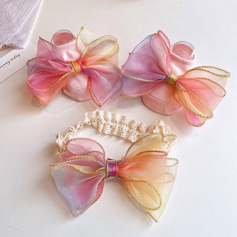 Generic Cute Newborn Socks and Headband Set Cartoon Korean Style Baby Accessories Pink Gradient Bow 