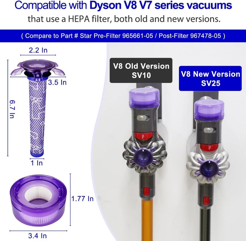 Lemige طقم استبدال الفلتر الجديد V7 V8 لمكنسات Dyson V7 V8 Slim Animal Absolute Motorhead SV10 SV11 SV25 اللاسلكية، 4 فلاتر أولية نجمية جديدة و4 فلاتر نهائية HEPA، رقم القطعة 965661-05 و967478-05 - Image 2