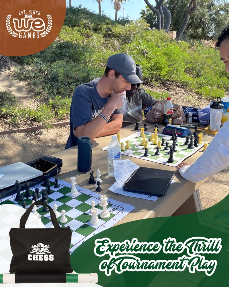 WE Games Best Value Tournament Chess Set - Includes 34 Chessmen, Roll Up Green Vinyl Chess Board, Storage Bag for Pieces, Instructions and Equalizer Dice, Travel Board Games for Adults - Image 2
