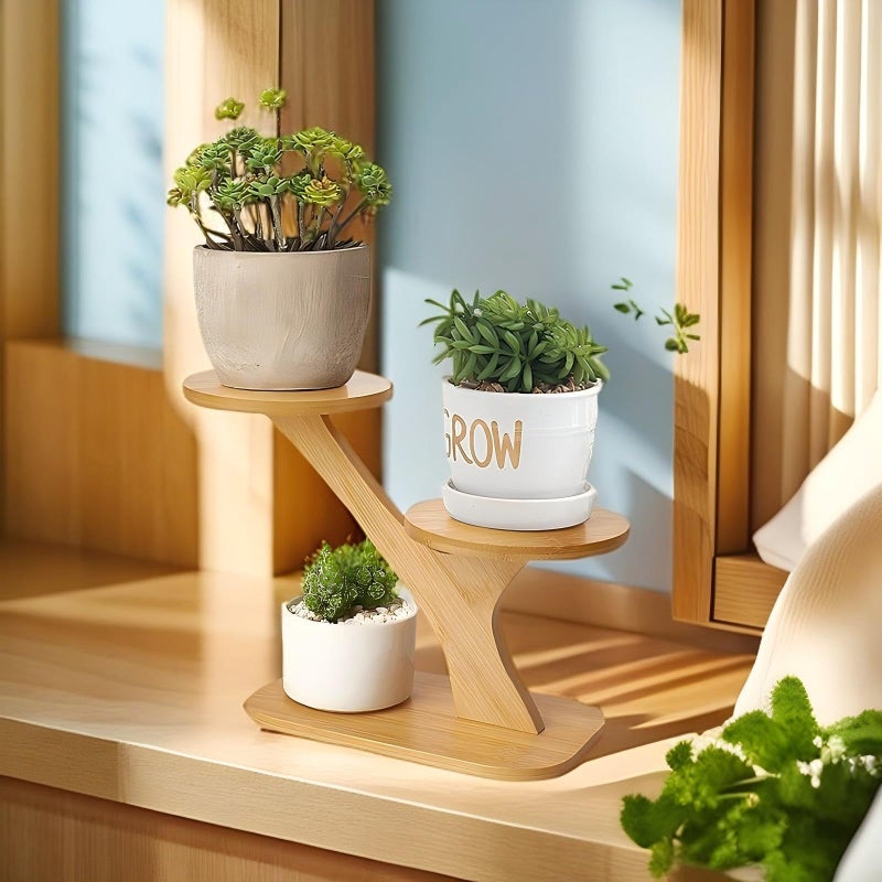 SRTFINE 2 Tiered Desk Plant Stand Bamboo Tree Plant Shelf Tabletop Succulent Herb Stand Desktop Plant Stand Indoor Plant Rack for in Living Room Office Decoration (2 Tiered) - Image 3