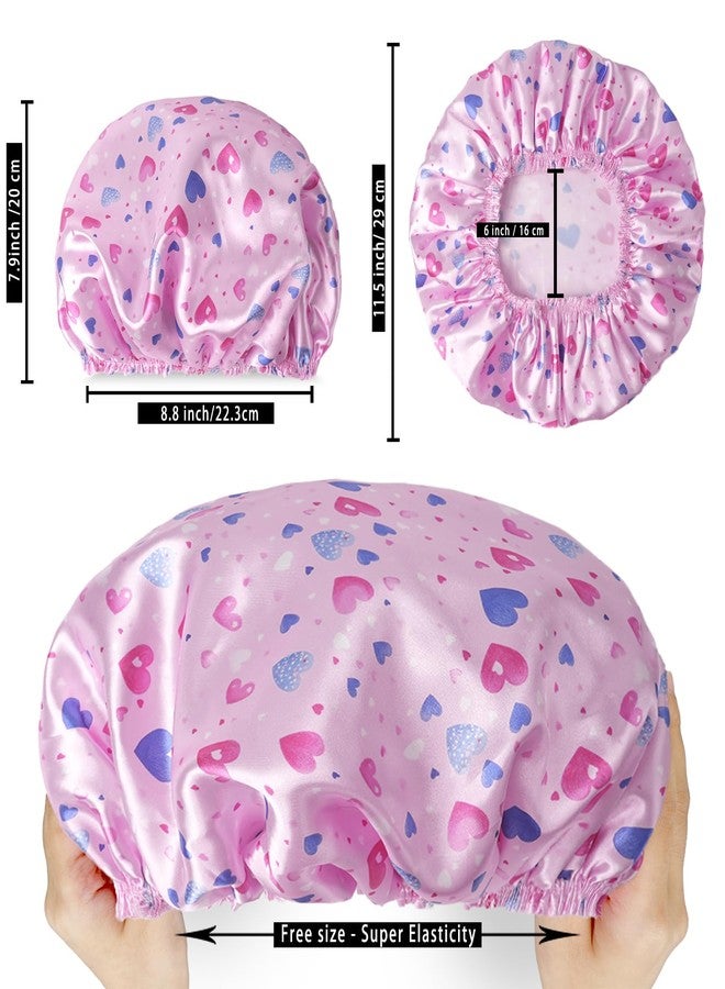 CHFONG 4 PCS Shower Cap for Women, Elastic and Reusable Bath Caps, Double Layers Shower Caps Reusable Waterproof, Bathing Shower Caps, Environmental Bath Hair Protection Cap - Heart - Image 3