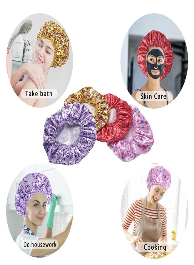 CHFONG 4 PCS Shower Cap for Women, Elastic and Reusable Bath Caps, Double Layers Shower Caps Reusable Waterproof, Bathing Shower Caps, Environmental Bath Hair Protection Cap - Heart - Image 4