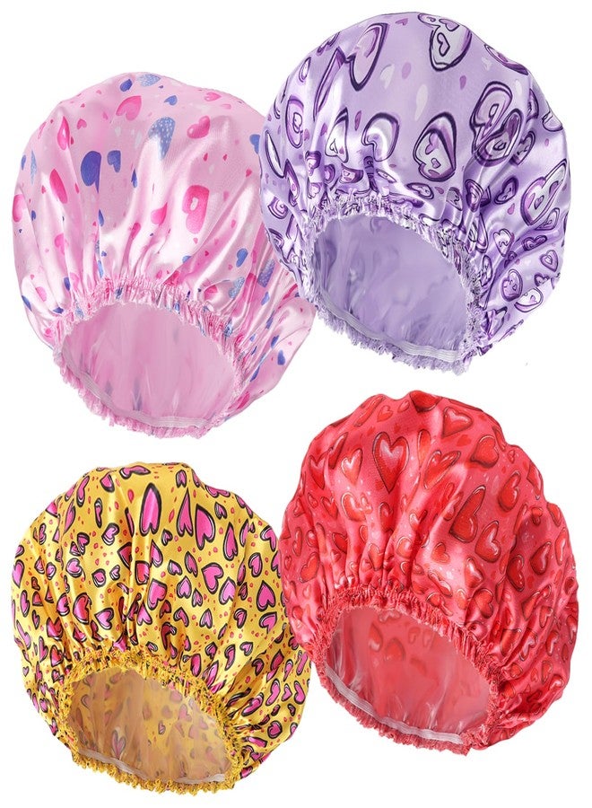 CHFONG 4 PCS Shower Cap for Women, Elastic and Reusable Bath Caps, Double Layers Shower Caps Reusable Waterproof, Bathing Shower Caps, Environmental Bath Hair Protection Cap - Heart - Image 1