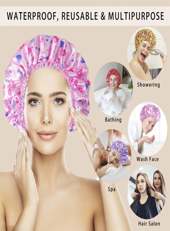 CHFONG 4 PCS Shower Cap for Women, Elastic and Reusable Bath Caps, Double Layers Shower Caps Reusable Waterproof, Bathing Shower Caps, Environmental Bath Hair Protection Cap - Heart - Image 2