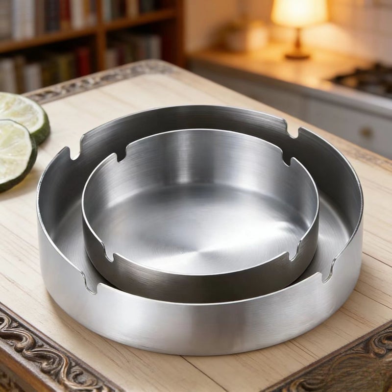 2 Pack Round Stainless Steel Ashtray Silvery Portabler Desktop Metal Ashtray Anti Scald Home Office Terrace Decoration - Image 1