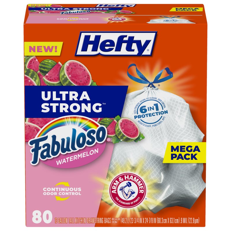 Hefty Ultra Strong 13 Gallon Trash Bags, Tall Kitchen Trash Bags 13 Gallon Size, Resist Leaks, Punctures, and Rips, Continuous Odor Control, White, Fabuloso Watermelon Scent, 80 Bags - Image 1