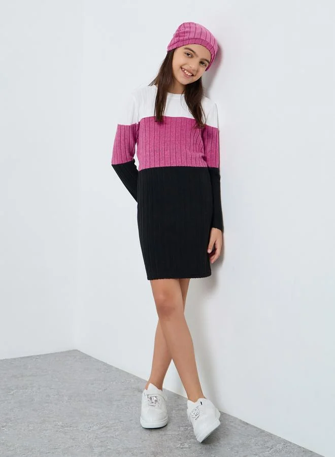 Styli Styli Teens Color Block Flat Knit Dress with Beanie Set