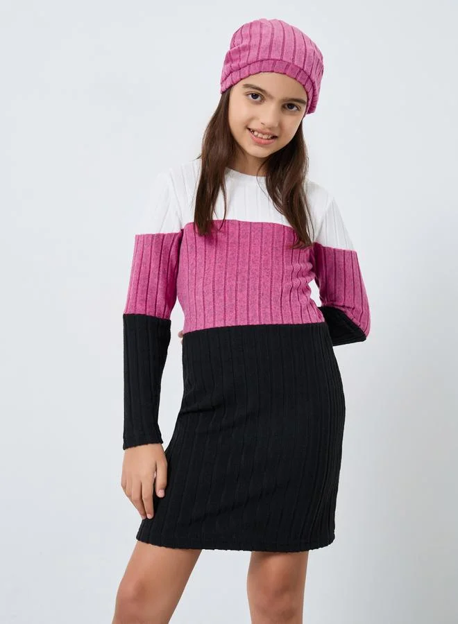 Styli Styli Teens Color Block Flat Knit Dress with Beanie Set