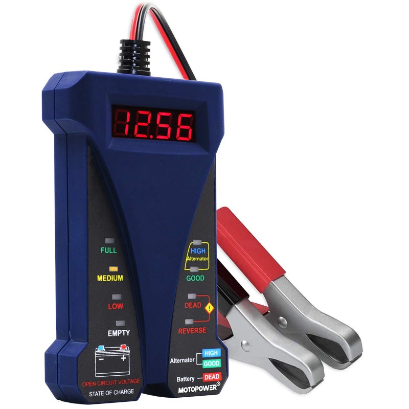 MOTOPOWER MP0514B 12V Digital Battery Tester Voltmeter and Charging System Analyzer with LCD Display and LED Indication Blue Rubber Paint