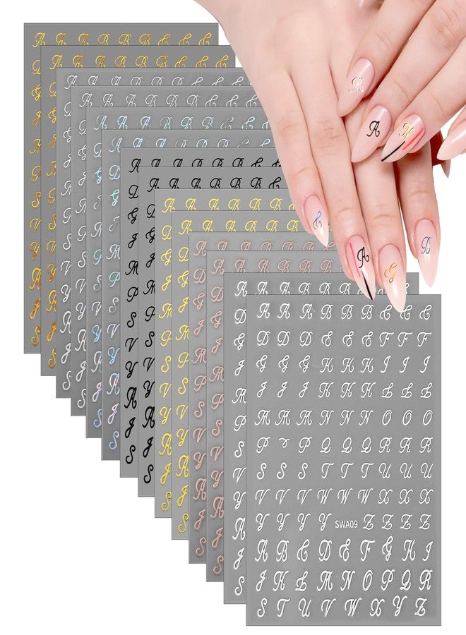 LLOUSSAK 14 Sheets Letter Nail Stickers for Nail Art, 3D Self-Adhesive Black White Gold Silver Old English Nail Letter Stickers, Nail Art Stickers DIY Decoration Nail Accessories for Women Girls - Image 1