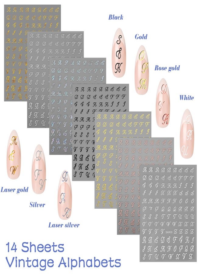 LLOUSSAK 14 Sheets Letter Nail Stickers for Nail Art, 3D Self-Adhesive Black White Gold Silver Old English Nail Letter Stickers, Nail Art Stickers DIY Decoration Nail Accessories for Women Girls - Image 3