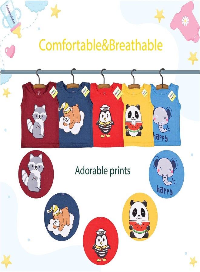 Kwitchy تيشيرتات بدون أكمام للأطفال من Kwitchy، مناسبة للأولاد والبنات | تيشيرتات قطنية | تيشيرتات صيفية | تيشيرتات مطبوعة (تيشيرتات فقط) (عبوة من 5 قطع) (12-18 شهرًا، متعددة الألوان) - Image 5