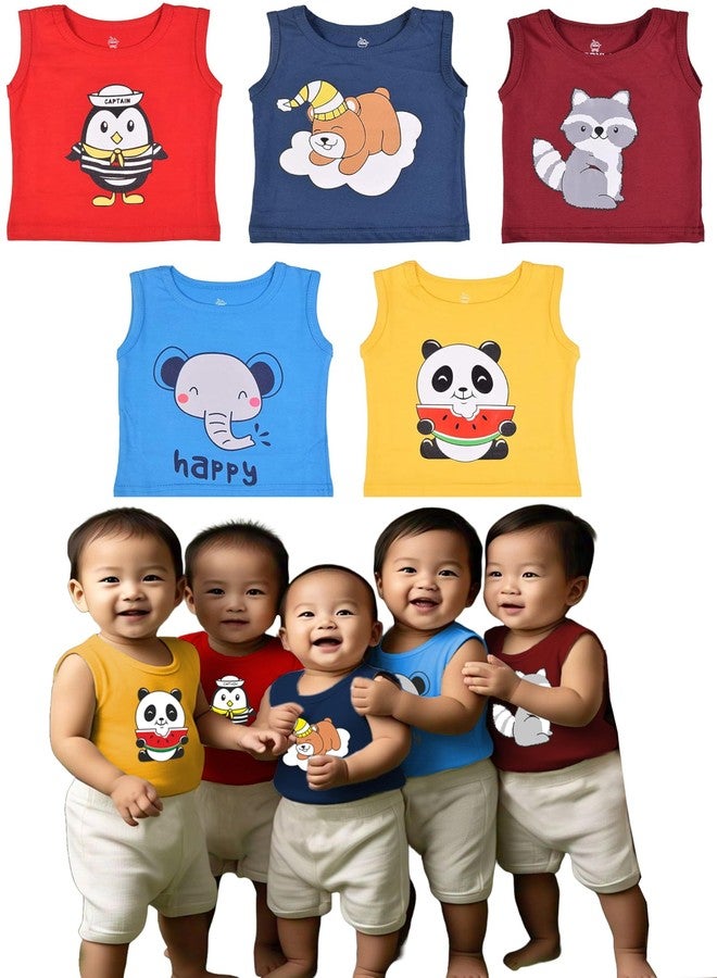 Kwitchy تيشيرتات بدون أكمام للأطفال من Kwitchy، مناسبة للأولاد والبنات | تيشيرتات قطنية | تيشيرتات صيفية | تيشيرتات مطبوعة (تيشيرتات فقط) (عبوة من 5 قطع) (12-18 شهرًا، متعددة الألوان) - Image 1