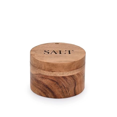 EDHAS Acacia Wood Round Condiment Pot with Magnetic Swivel Lids for Kitchen Countertop Salt Engraved on Lid (3.5” x 3.5” x 2.5”) - Image 2