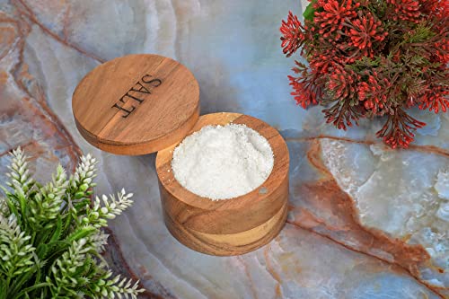 EDHAS Acacia Wood Round Condiment Pot with Magnetic Swivel Lids for Kitchen Countertop Salt Engraved on Lid (3.5” x 3.5” x 2.5”) - Image 5