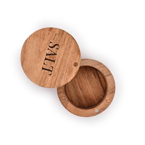 EDHAS Acacia Wood Round Condiment Pot with Magnetic Swivel Lids for Kitchen Countertop Salt Engraved on Lid (3.5” x 3.5” x 2.5”) - Image 3