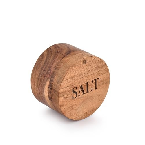 EDHAS Acacia Wood Round Condiment Pot with Magnetic Swivel Lids for Kitchen Countertop Salt Engraved on Lid (3.5” x 3.5” x 2.5”) - Image 4