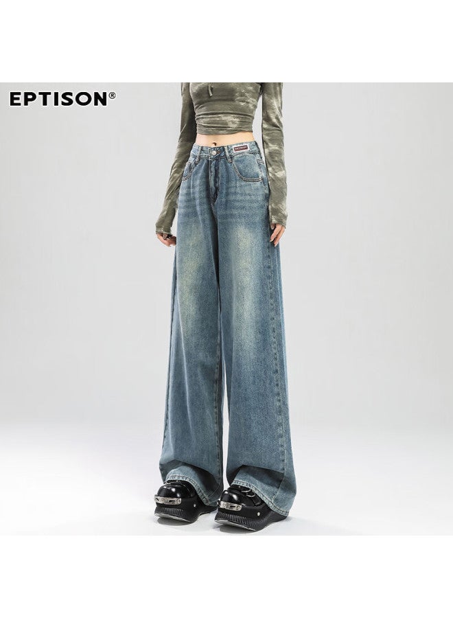 EPTISON Yipintiancheng Vintage Washed Nostalgic Jeans For Women Autumn Loose Slim Draped Floor-length Straight Wide-leg Pants - Image 2