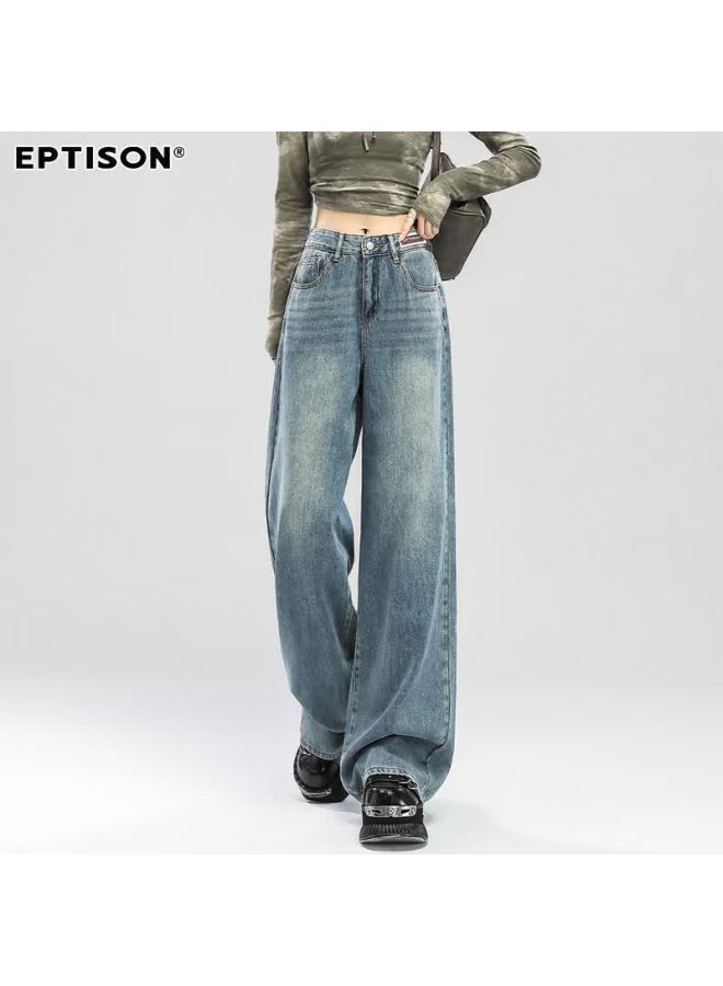 EPTISON Yipintiancheng Vintage Washed Nostalgic Jeans For Women Autumn Loose Slim Draped Floor-length Straight Wide-leg Pants - Image 1