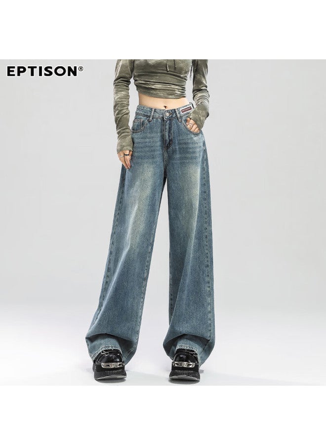 EPTISON Yipintiancheng Vintage Washed Nostalgic Jeans For Women Autumn Loose Slim Draped Floor-length Straight Wide-leg Pants - Image 3