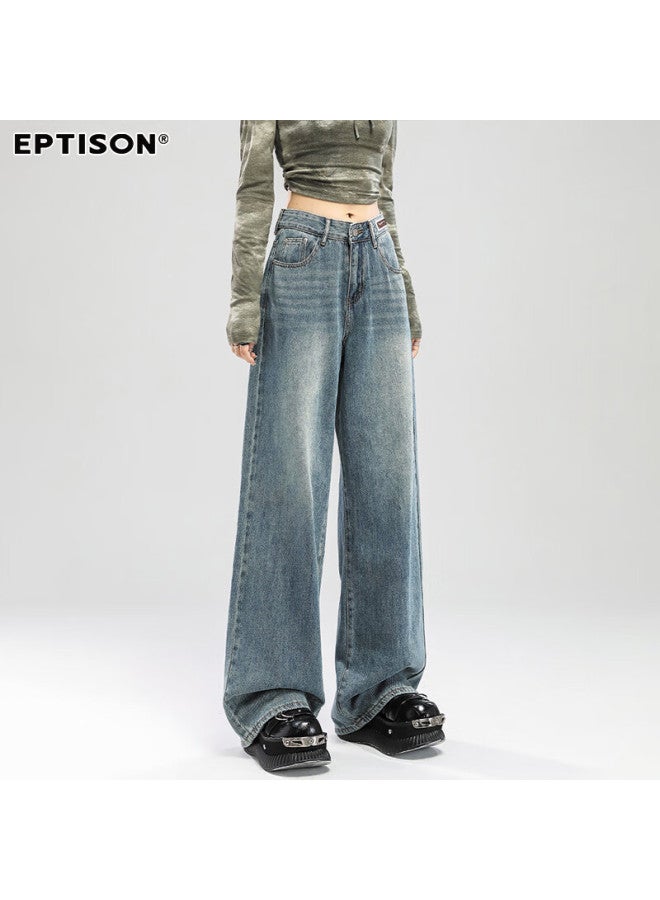 EPTISON Yipintiancheng Vintage Washed Nostalgic Jeans For Women Autumn Loose Slim Draped Floor-length Straight Wide-leg Pants - Image 4
