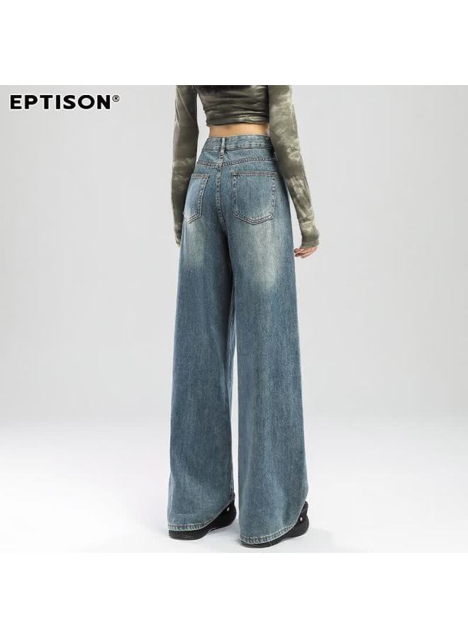 EPTISON Yipintiancheng Vintage Washed Nostalgic Jeans For Women Autumn Loose Slim Draped Floor-length Straight Wide-leg Pants - Image 5