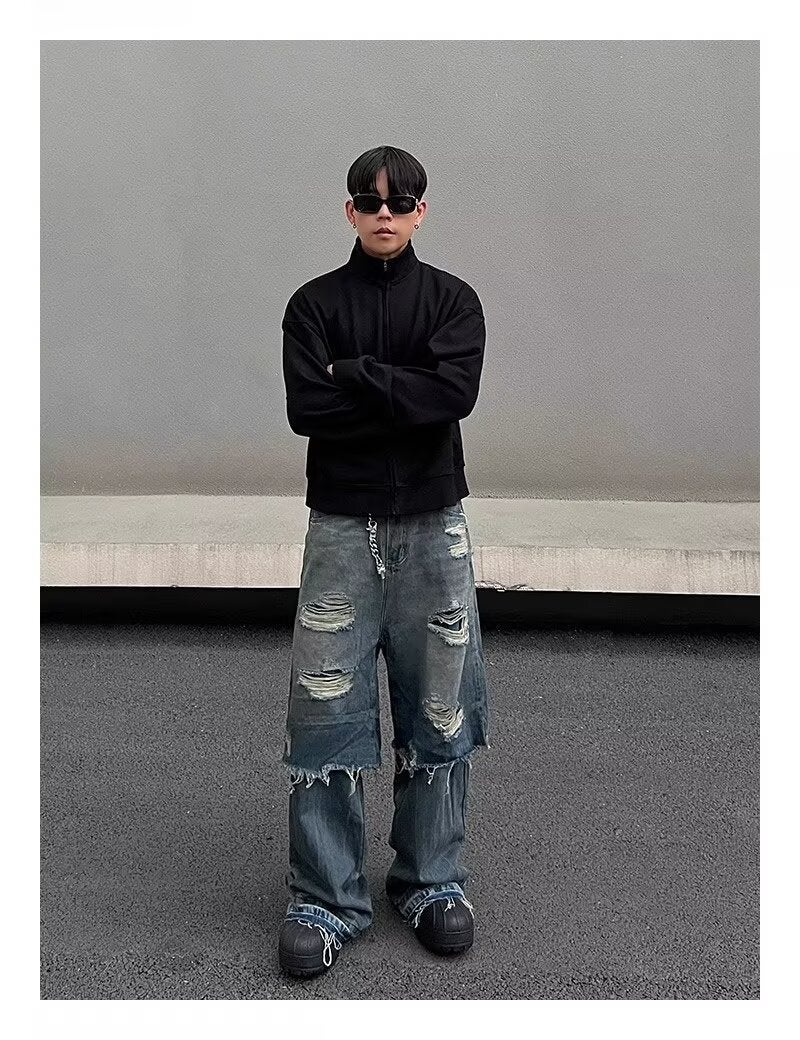 American Street Washed Old Ripped Jeans Mens Spring and Autumn Straight Loose European and American High Street Vibe Style Long Pants Blue