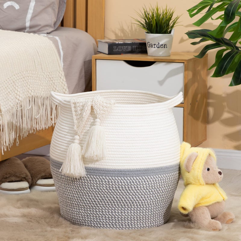 Kakamay Woven Baskets For Storage(17""X17"") Large Cotton Rope Woven Baby Laundry Hamper Collapsible Laundry Basket  Blanket Basket For Organizing Living Room Nursery Pillows Toy Chest(Grey) - Image 3