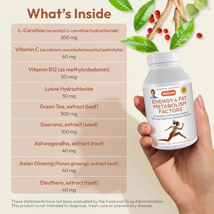 ANDREW LESSMAN Energy and Fat Metabolism Factors 60 Capsules - Promotes Optimum Fat Burning and Energy Metabolism, with Carnitine, Green Tea, Guarana, Ginseng, B-Complex. Easy to Swallow Capsules - Image 3