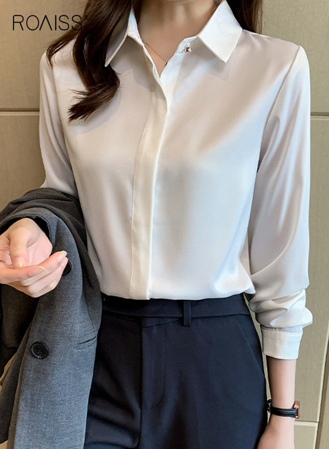 رويس قميص أبيض من الساتان الفاخر للنساء بأكمام قصيرة، بلوزة عمل مضادة للتجاعيد بلمسة نهائية فاخرة، ملابس رسمية للتعليم والمقابلات المهنية بمقاس مخصص - Image 5