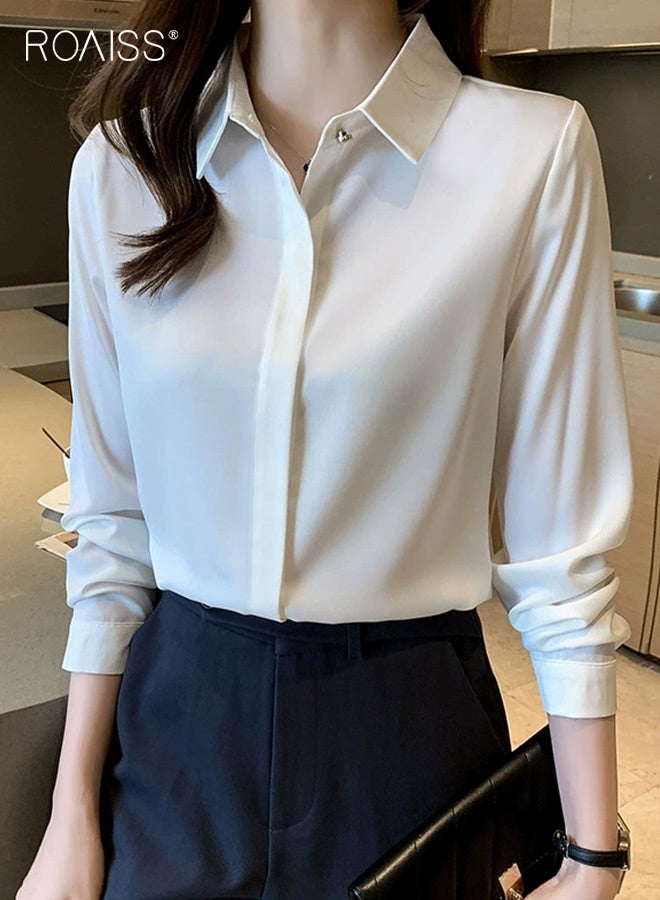 رويس قميص أبيض من الساتان الفاخر للنساء بأكمام قصيرة، بلوزة عمل مضادة للتجاعيد بلمسة نهائية فاخرة، ملابس رسمية للتعليم والمقابلات المهنية بمقاس مخصص - Image 1