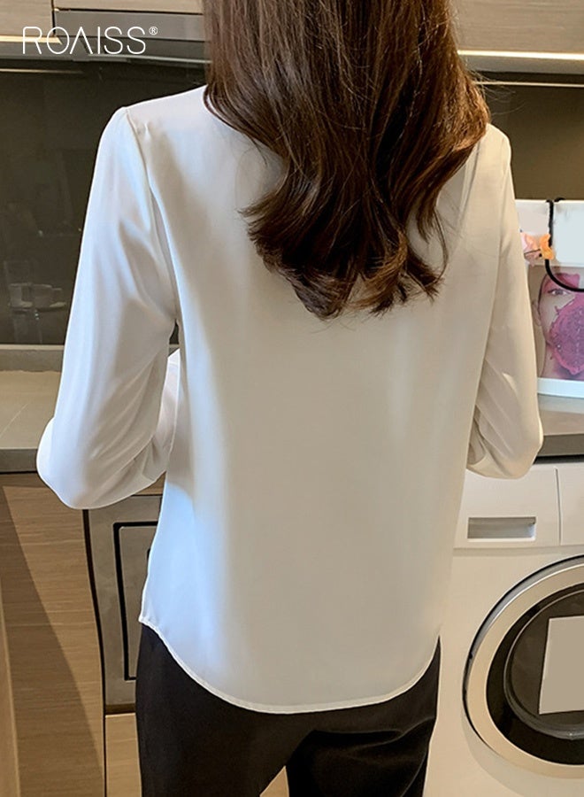رويس قميص أبيض من الساتان الفاخر للنساء بأكمام قصيرة، بلوزة عمل مضادة للتجاعيد بلمسة نهائية فاخرة، ملابس رسمية للتعليم والمقابلات المهنية بمقاس مخصص - Image 3