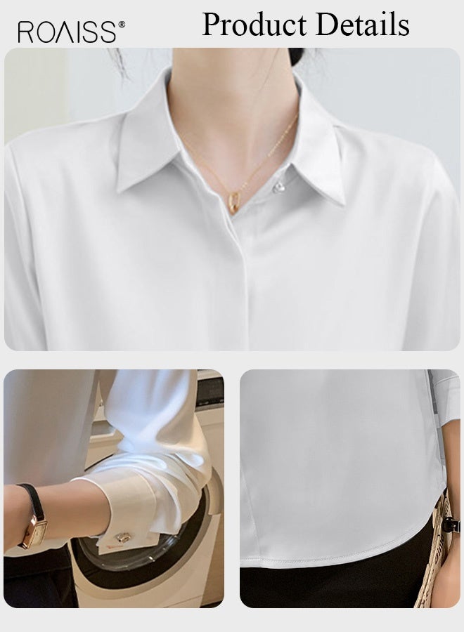 رويس قميص أبيض من الساتان الفاخر للنساء بأكمام قصيرة، بلوزة عمل مضادة للتجاعيد بلمسة نهائية فاخرة، ملابس رسمية للتعليم والمقابلات المهنية بمقاس مخصص - Image 4