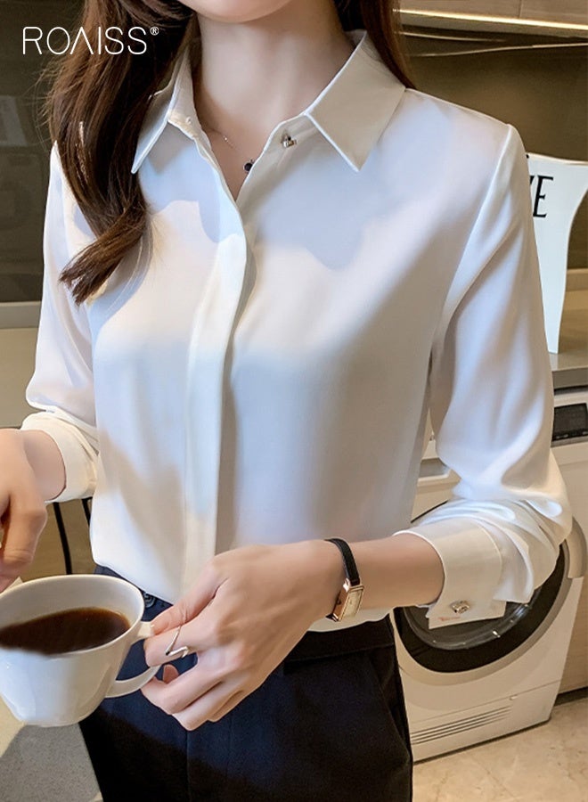 رويس قميص أبيض من الساتان الفاخر للنساء بأكمام قصيرة، بلوزة عمل مضادة للتجاعيد بلمسة نهائية فاخرة، ملابس رسمية للتعليم والمقابلات المهنية بمقاس مخصص - Image 2
