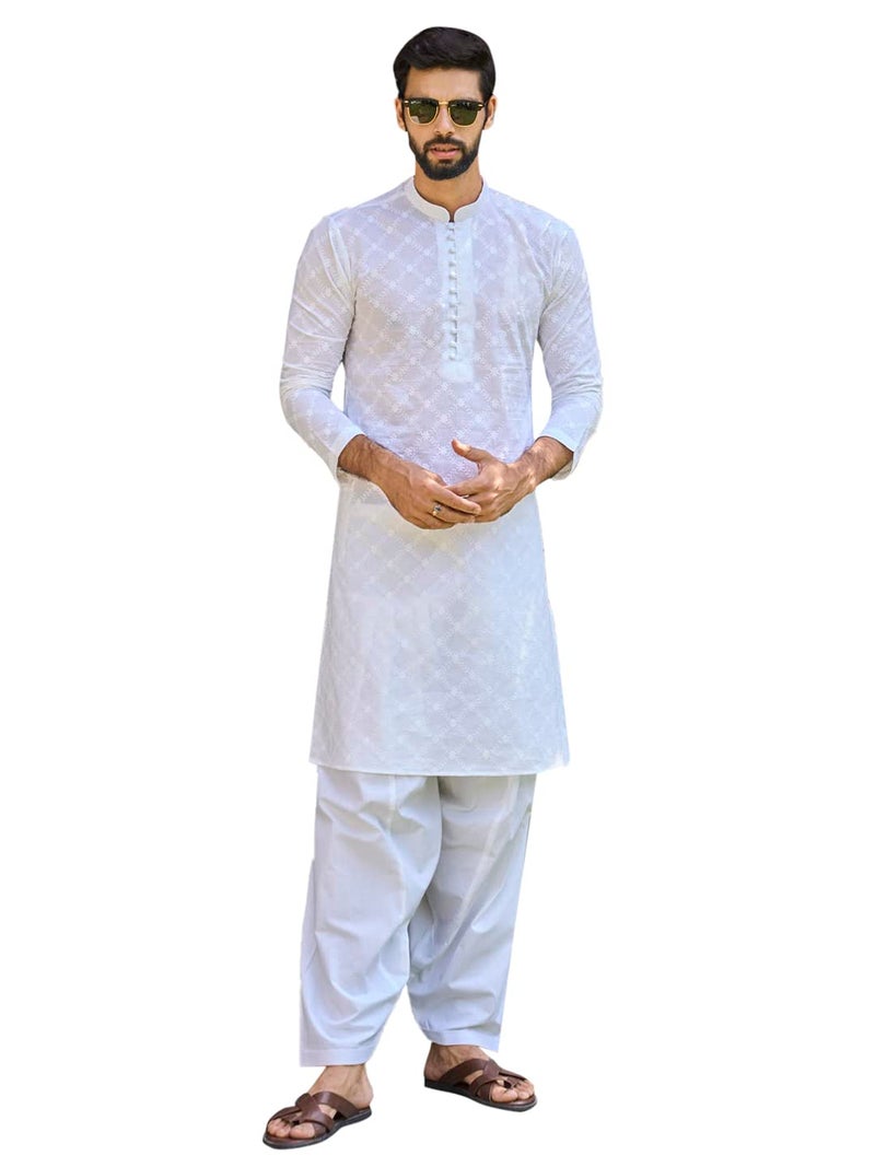 See Designs White Cotton Regular Fit Embroidered Kurta Set Mandarin Collar Long Sleeves_SDMKT109403L - Image 1
