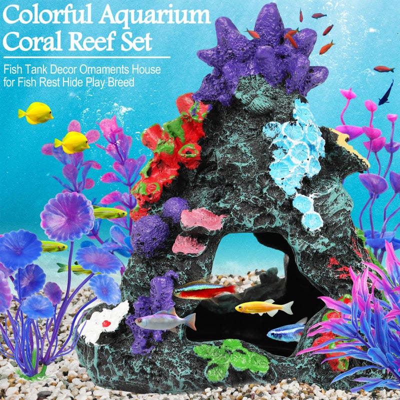 MyLifeUNIT Fish Tank Decorations, 7 Pieces Aquarium Plants Set with Coral Reef Decoration Mountain Cave Ornament for Betta, Goldfish, Shrimp to Breed, Play and Rest (Purple) - Image 3