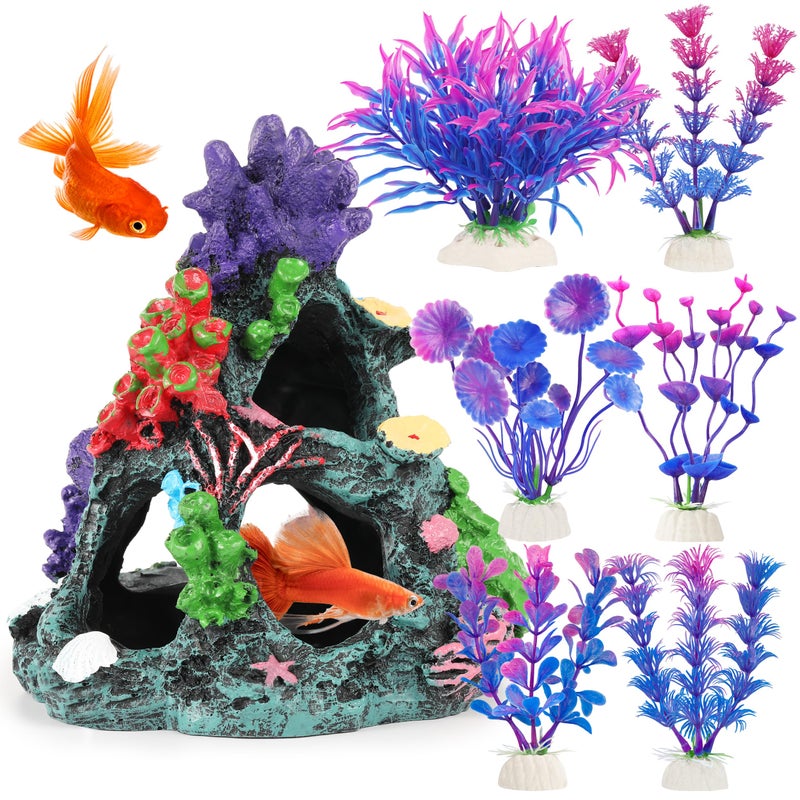 MyLifeUNIT Fish Tank Decorations, 7 Pieces Aquarium Plants Set with Coral Reef Decoration Mountain Cave Ornament for Betta, Goldfish, Shrimp to Breed, Play and Rest (Purple) - Image 1