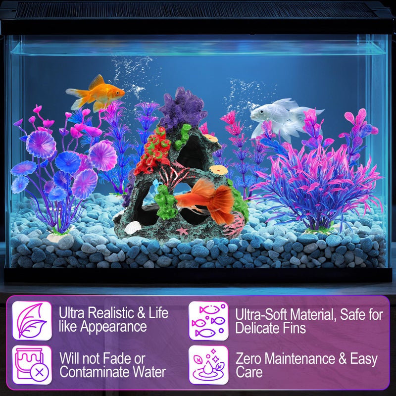 MyLifeUNIT Fish Tank Decorations, 7 Pieces Aquarium Plants Set with Coral Reef Decoration Mountain Cave Ornament for Betta, Goldfish, Shrimp to Breed, Play and Rest (Purple) - Image 4