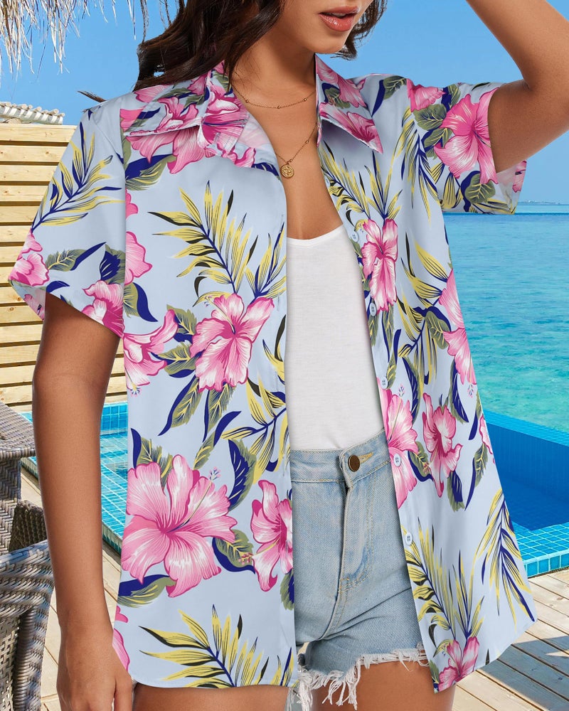 CHICGAL Women Hawaiian Shirt Button Down Summer Tops Beach Cool Short Sleeve V Neck Blouse(Blue Purple Floral,L) - Image 4