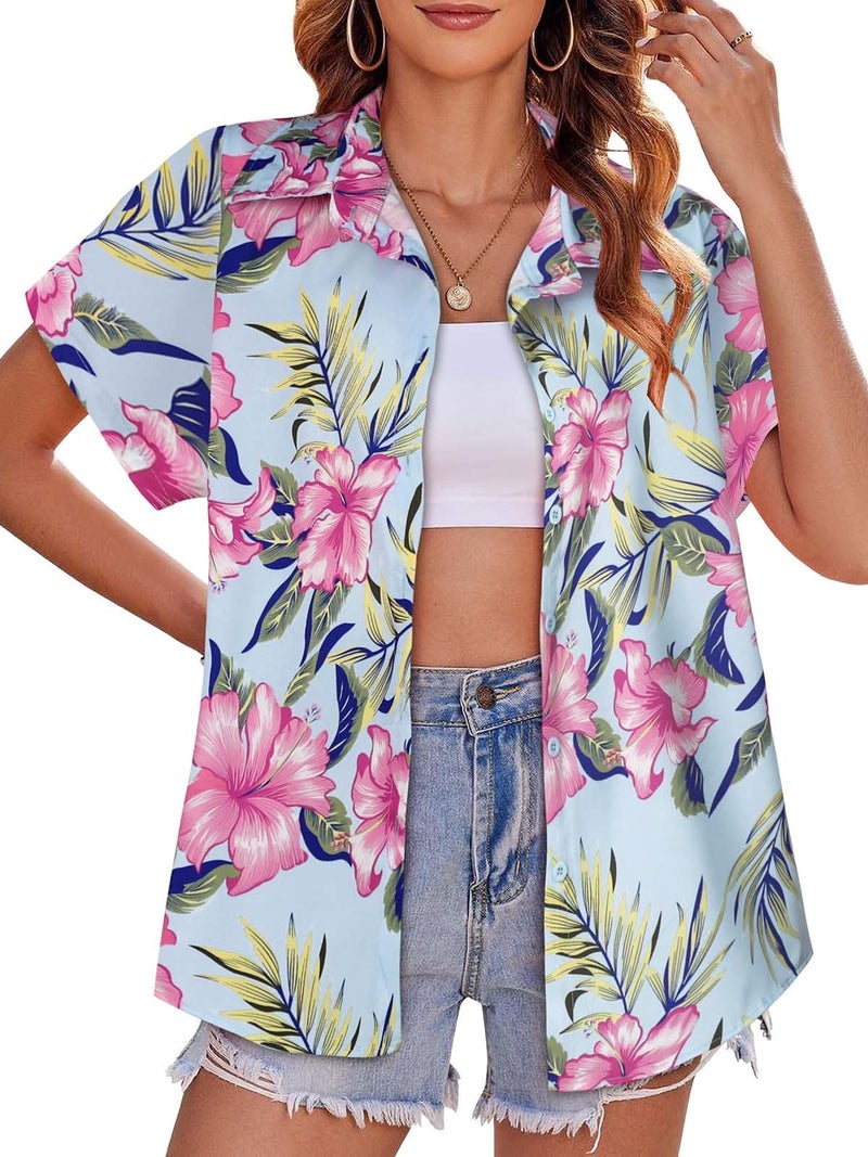 CHICGAL Women Hawaiian Shirt Button Down Summer Tops Beach Cool Short Sleeve V Neck Blouse(Blue Purple Floral,L) - Image 1