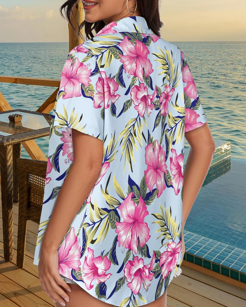 CHICGAL Women Hawaiian Shirt Button Down Summer Tops Beach Cool Short Sleeve V Neck Blouse(Blue Purple Floral,L) - Image 5