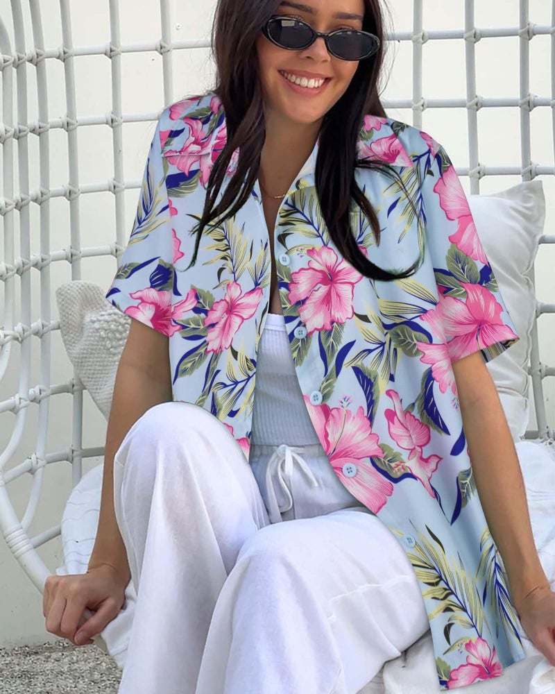 CHICGAL Women Hawaiian Shirt Button Down Summer Tops Beach Cool Short Sleeve V Neck Blouse(Blue Purple Floral,L) - Image 2