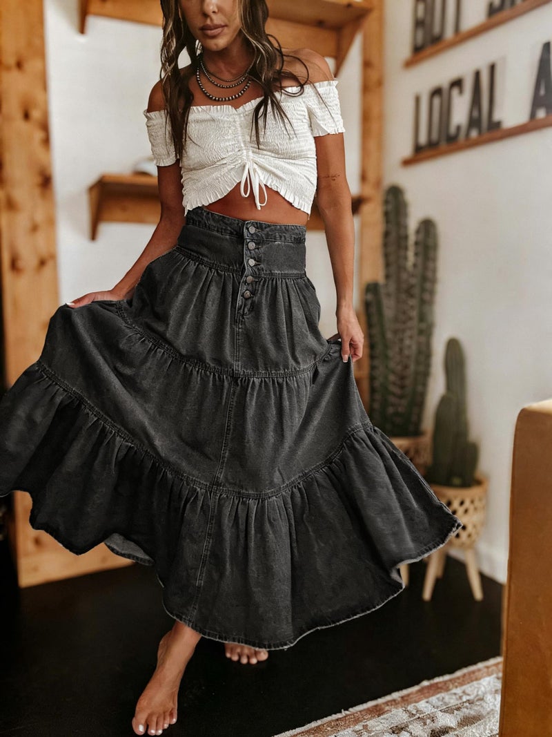 utcoco Women's High Waist Long Denim Skirt Button-Fly Tiered Ruffle Swing A-Line Jean Maxi Skirt with Pockets (Medium, Black Grey) - Image 5
