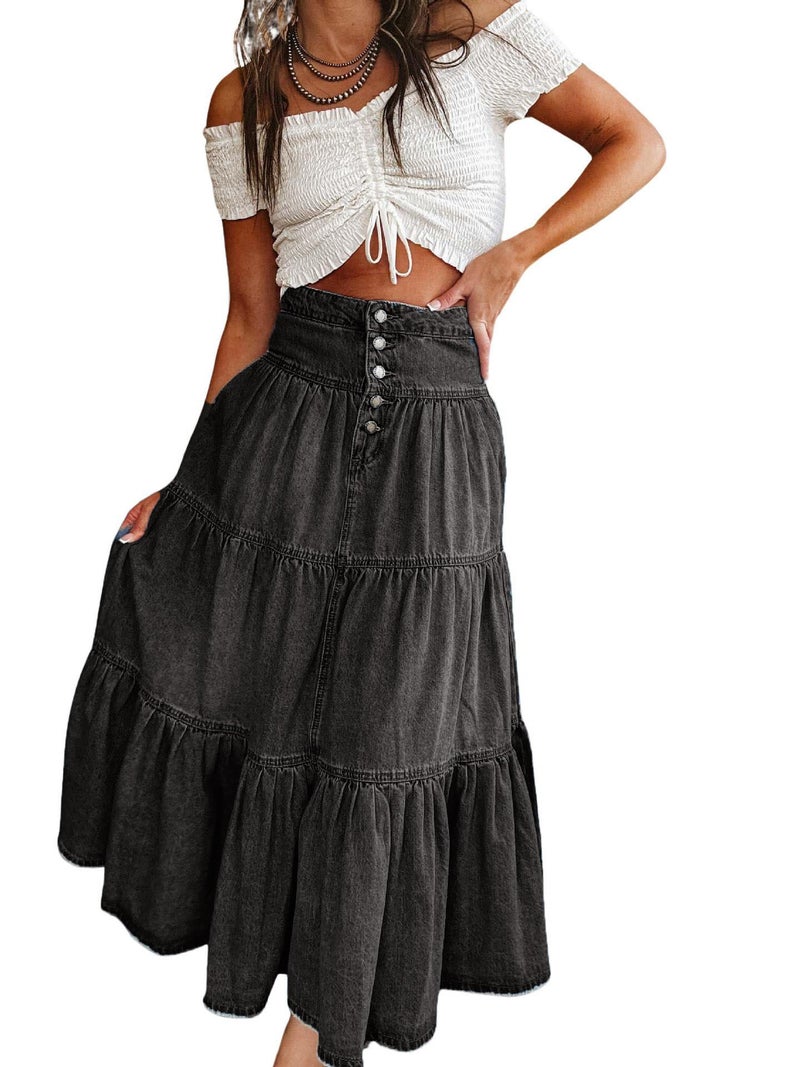 utcoco Women's High Waist Long Denim Skirt Button-Fly Tiered Ruffle Swing A-Line Jean Maxi Skirt with Pockets (Medium, Black Grey) - Image 1