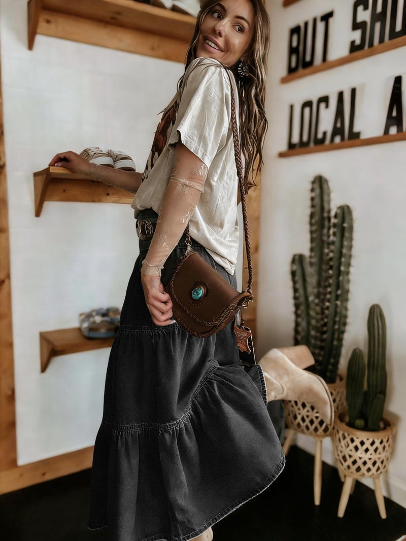 utcoco Women's High Waist Long Denim Skirt Button-Fly Tiered Ruffle Swing A-Line Jean Maxi Skirt with Pockets (Medium, Black Grey) - Image 4