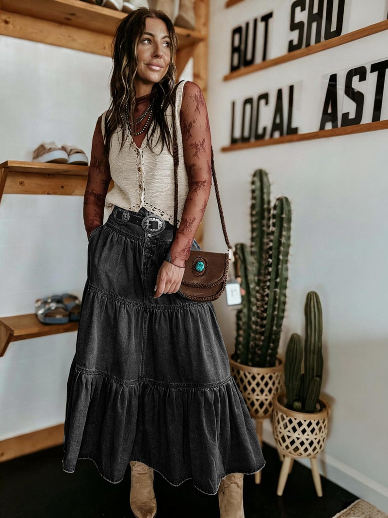 utcoco Women's High Waist Long Denim Skirt Button-Fly Tiered Ruffle Swing A-Line Jean Maxi Skirt with Pockets (Medium, Black Grey) - Image 3