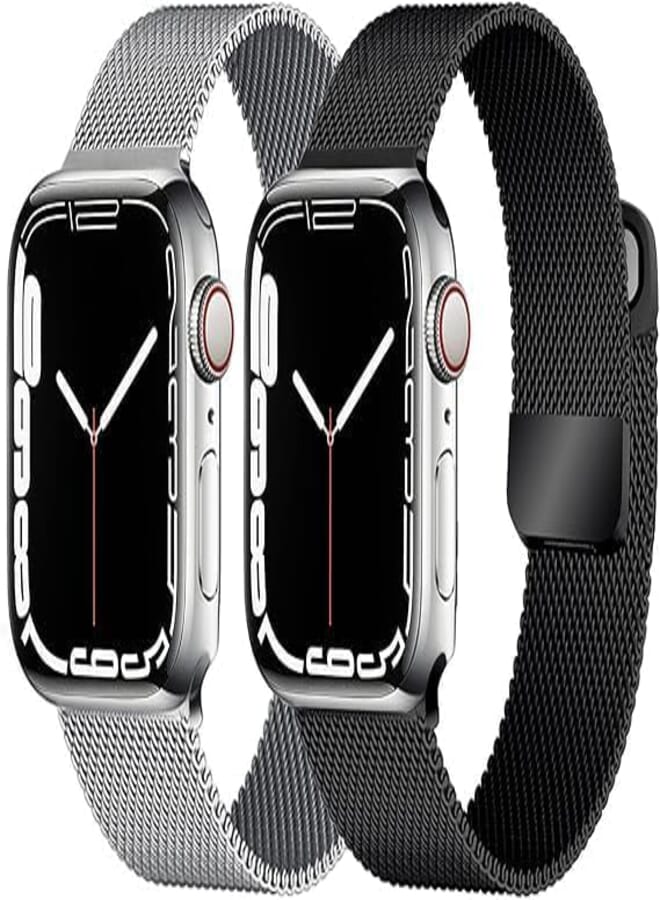 Next Next Store 2 Pack Milanese Loop Metal Adjustable Mesh Replacement Strap - Stainless Steel Magnetic Clasp Compatible with iWatch 42mm 44mm 45mm Series 1 to 9 Ultra/Ultra 2/SE Black Silver