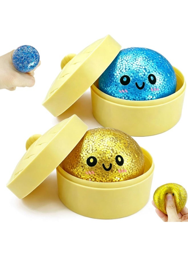 squishy 2PCS Mini Glitter Dumpling Squishy, 2026 Upgrade Dumling Mystery Box, Colorful Dumplings Stress Balls Fidget Sensory, Fidget Squeeze Toy for Holiday & Birthday Gifts (Blue+Gold) - Image 1