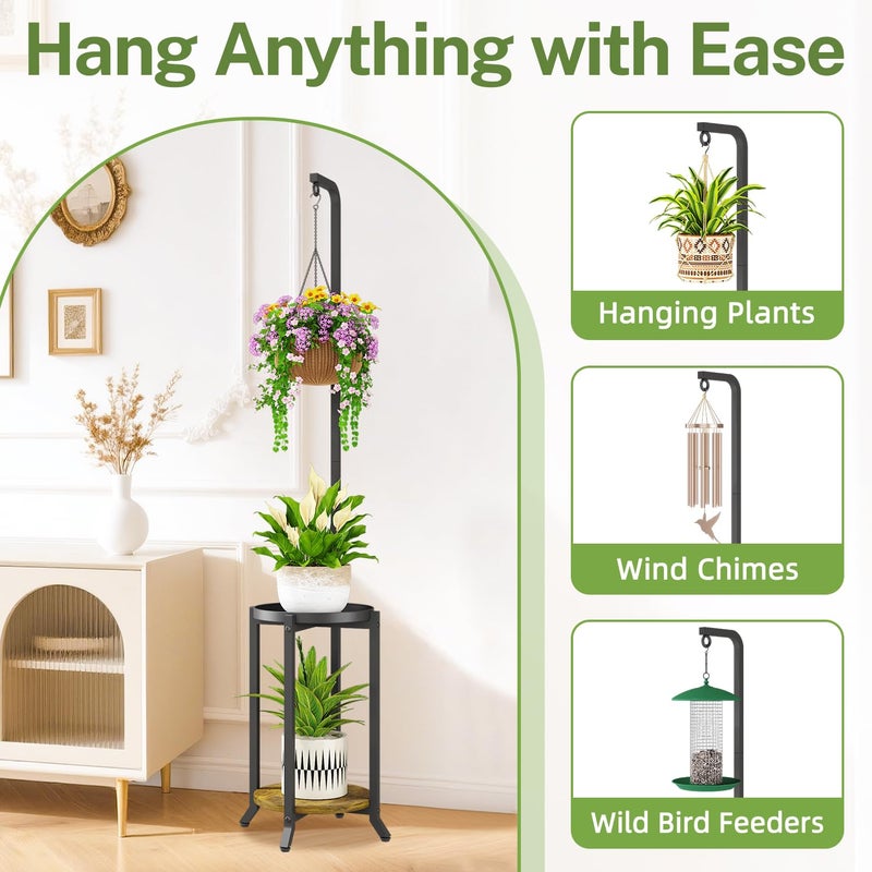 iDavosic.ly 2 Tier Hanging Plant Stand Indoor, Tall Vertical Corner Metal Flower Heavy Duty Pot Holder Shelf for Patio Porch Living Room, Modern Black & Rustic Brown - Round - Image 3